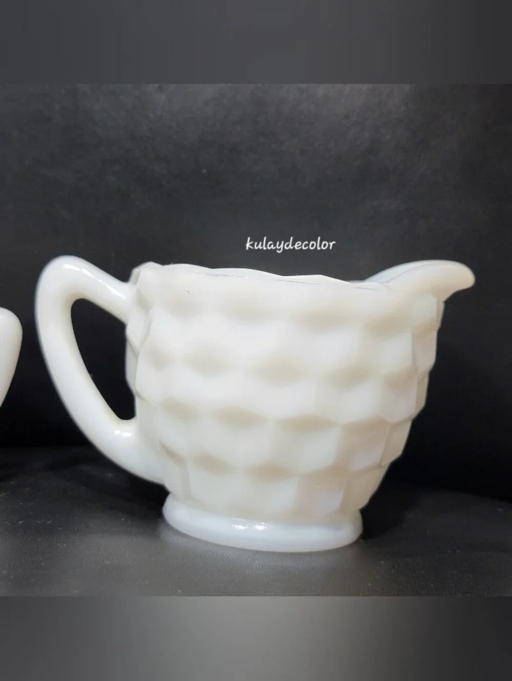 Vintage Jeannette White Milk Glass Creamer & Open Sugar Bowl Set Diamond Quilt